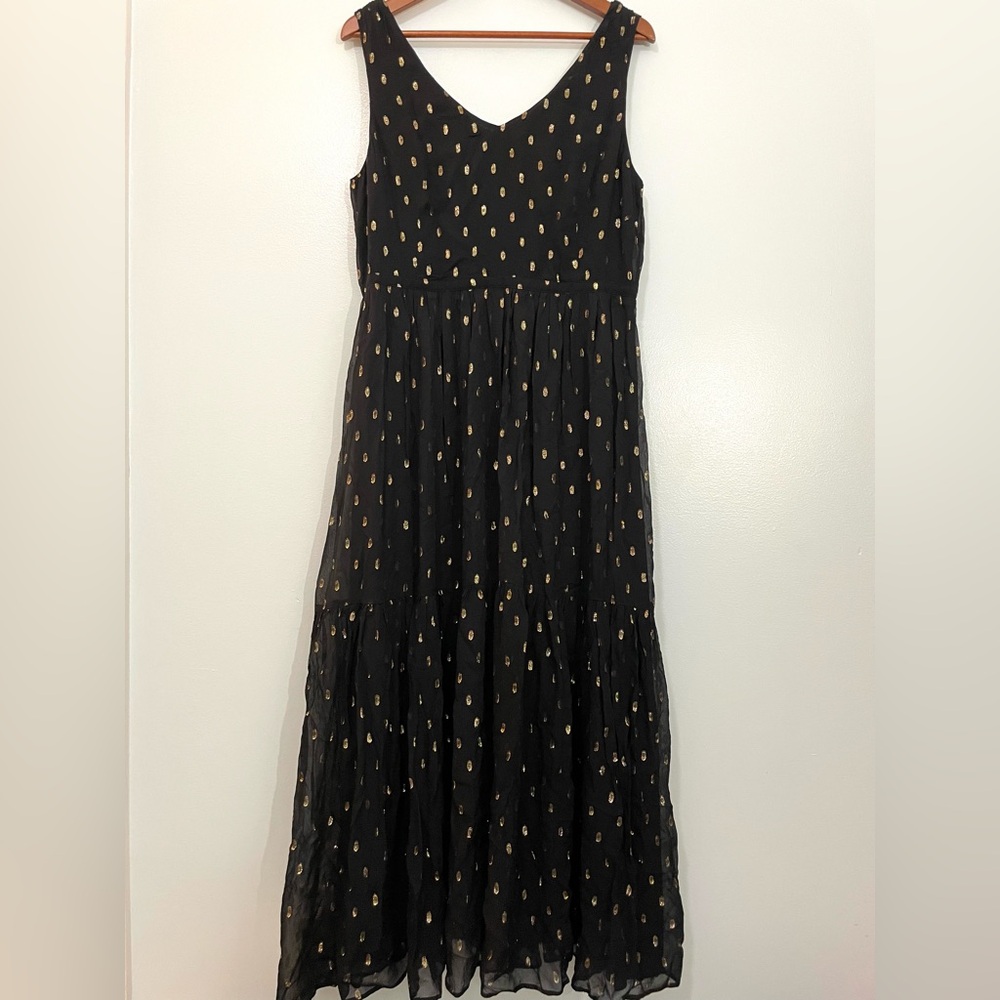 Talbots Black Sleeveless Metallic Gold Print Tiered Maxi Dress 12 NWT